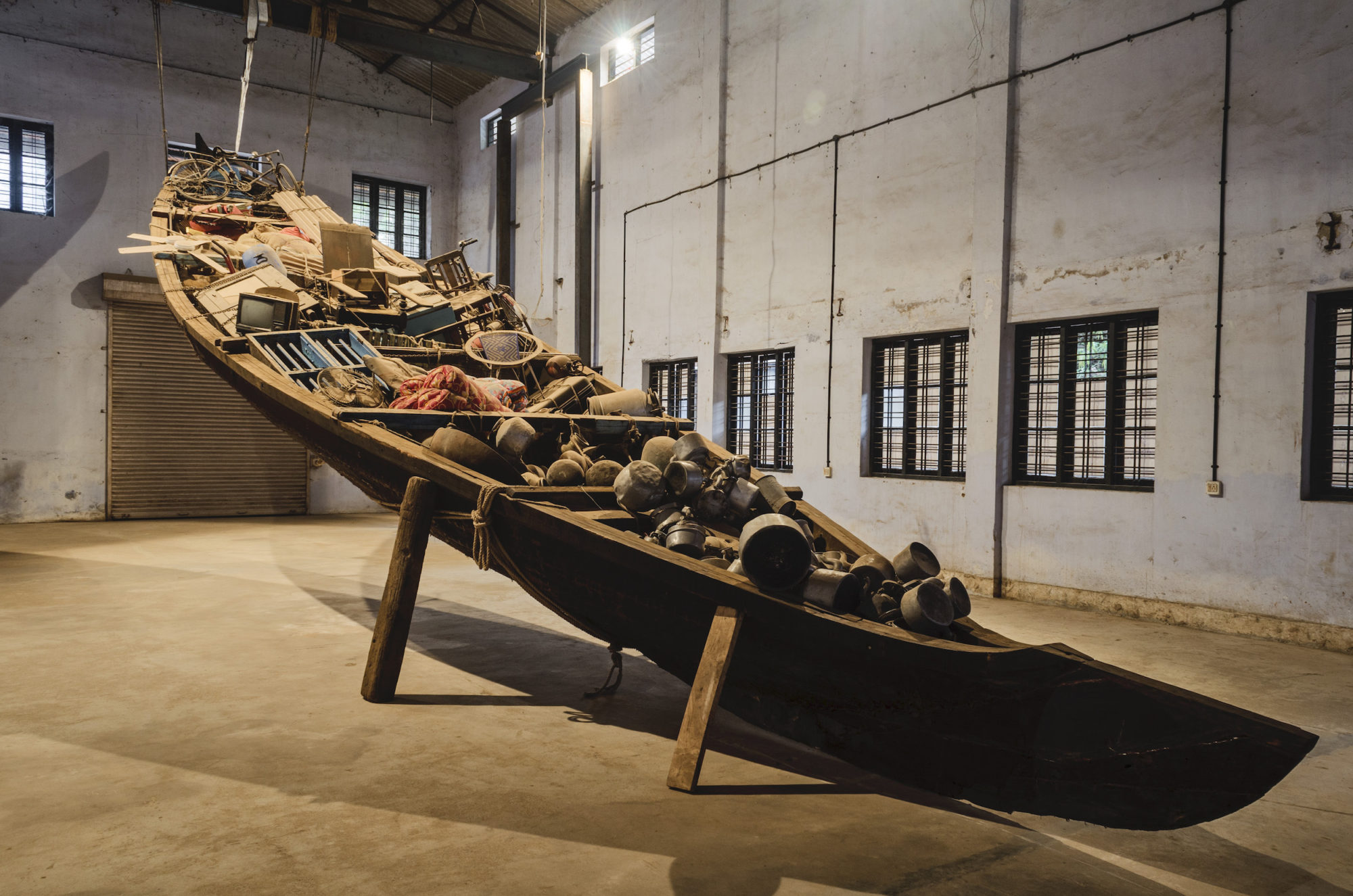 Subodh Gupta, ''Untitled,'' 2012 Boat, wood and found objects. Dimensions variable. Installation view at Aspinwall House, Fort Kochi.