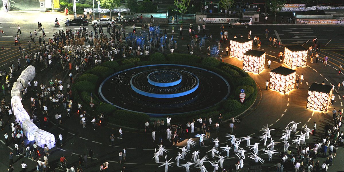 Aerial view of ''SPRING'' around the May 18 Democratic Square, Gwangju. Curated by Claire Tancons for the 7th Gwangju Biennale, 2008. Photo: Cheolhong Mo. Courtesy of the Gwangju Biennale Foundation.