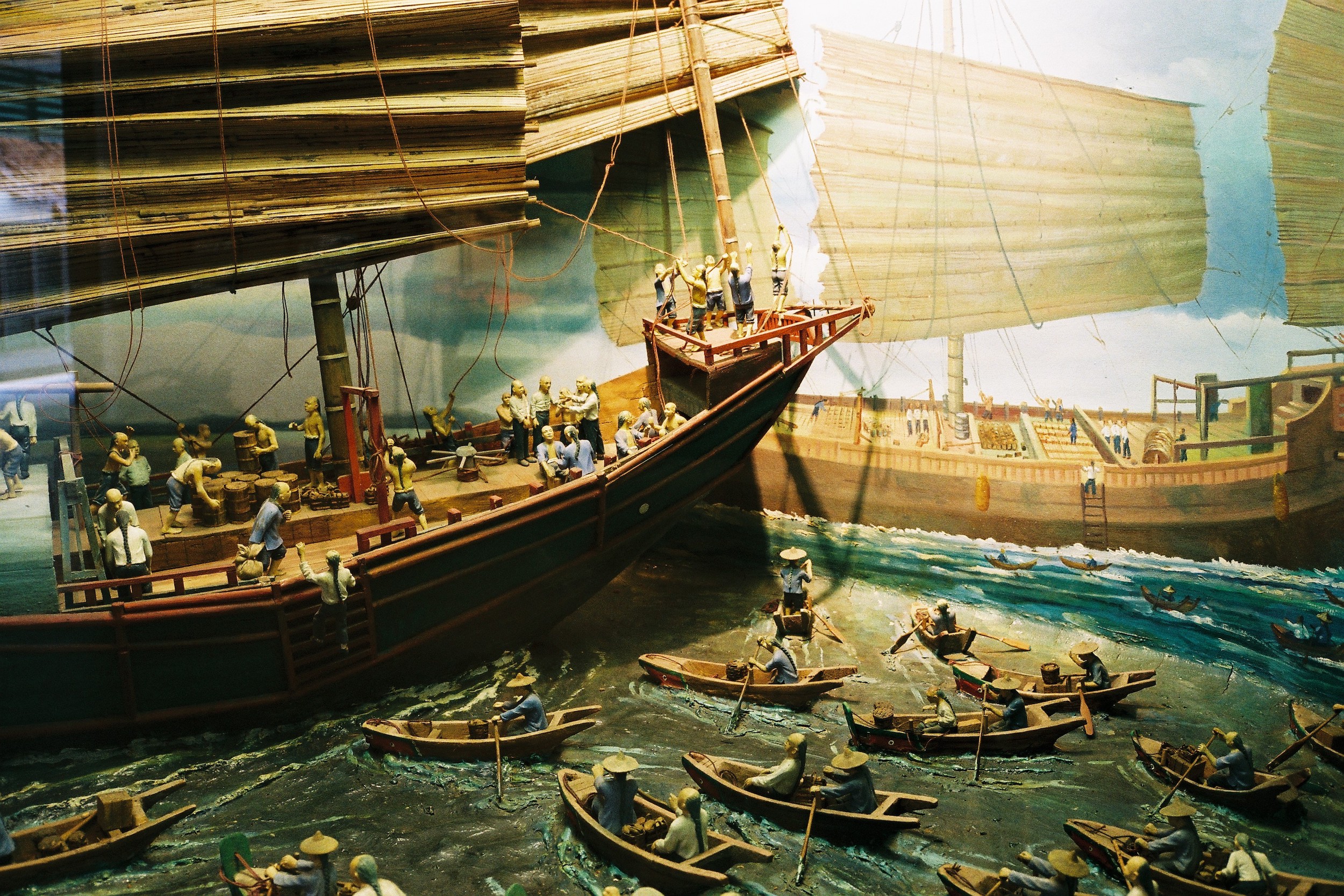 ''Chinese Junk Trading Season 1820s''. Section of a diorama. Elias Park Primary School Collection. Image courtesy of Hu Yun. 