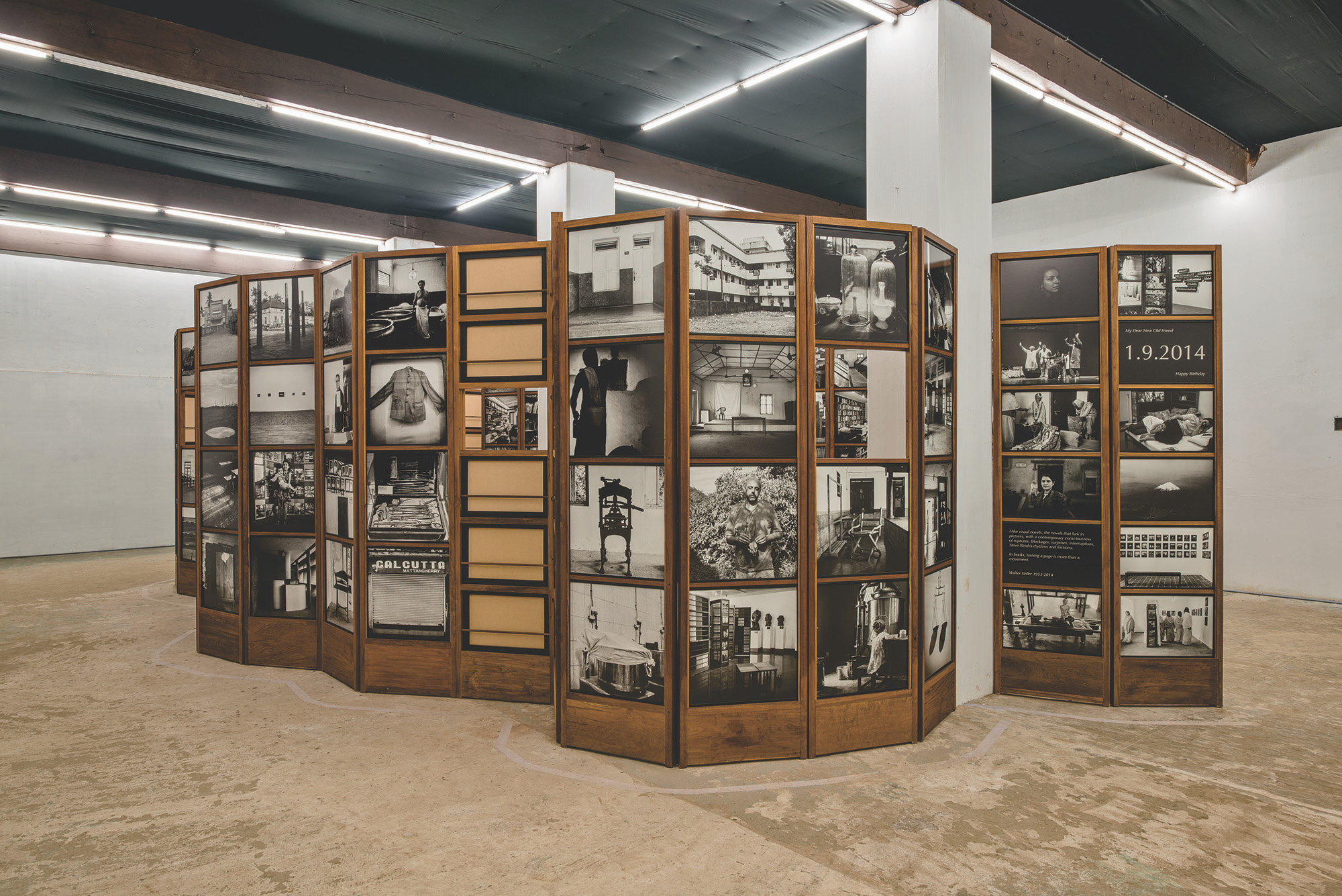 Dayanita Singh, ''1.9.2014 Dear Mr Walter,'' 2014. Teakwood structures with 196 inkjet prints. Dimensions variable. Installation view at Aspinwall House, Fort Kochi.