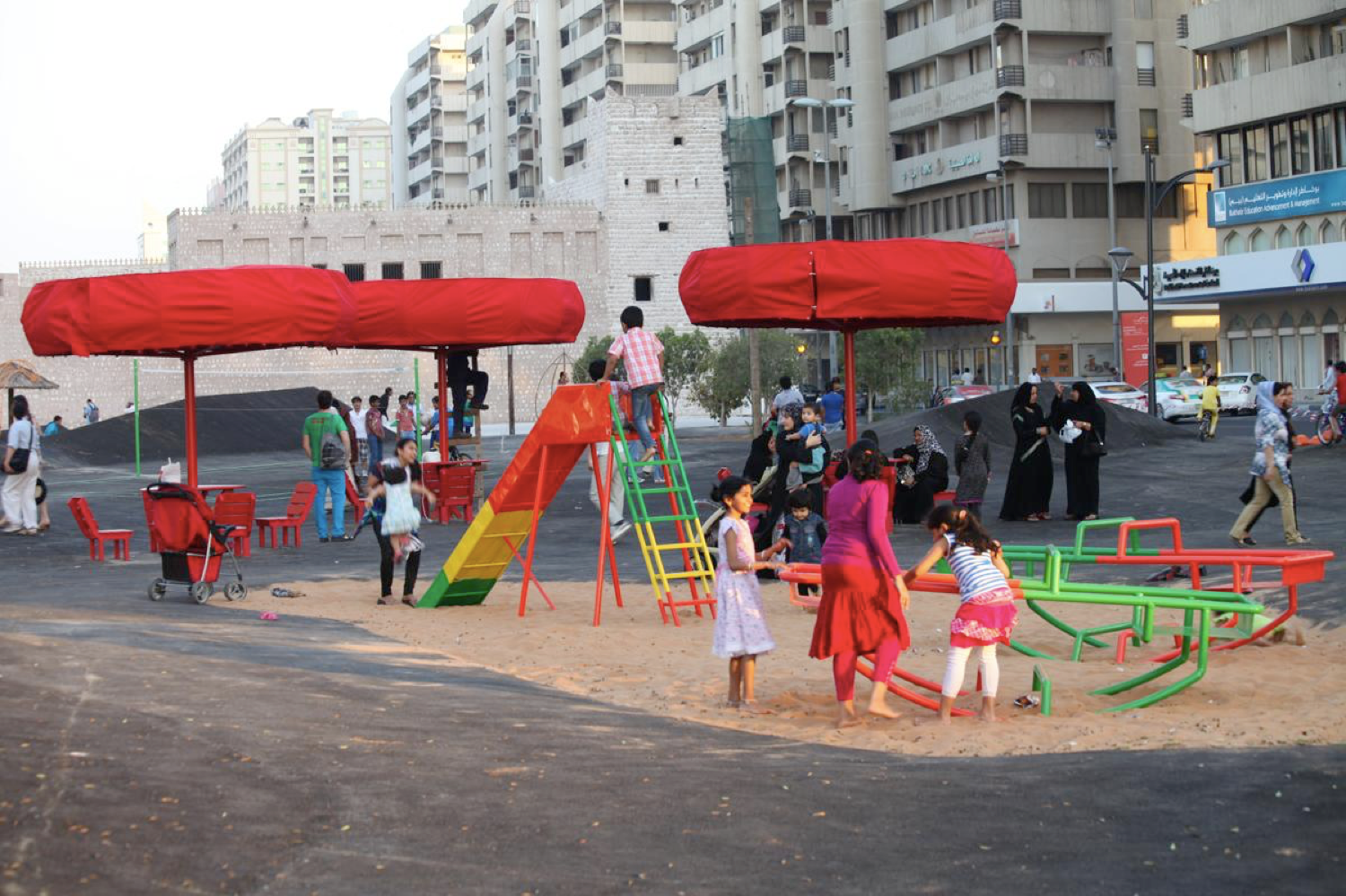 Superflex (in collaboration with Schul Landscape Architects, Copenhagen), 'The Bank,' 2013. Public space, Bak Street. Commissioned by the Sharjah Art Foundation. Installation view: Sharjah Biennial 11. Image courtesy of the Sharjah Art Foundation.
